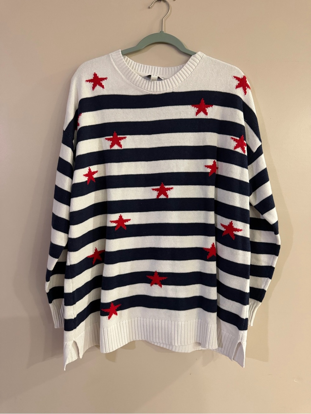Denim&Co Navy & White Striped Sweater with Red Star Details